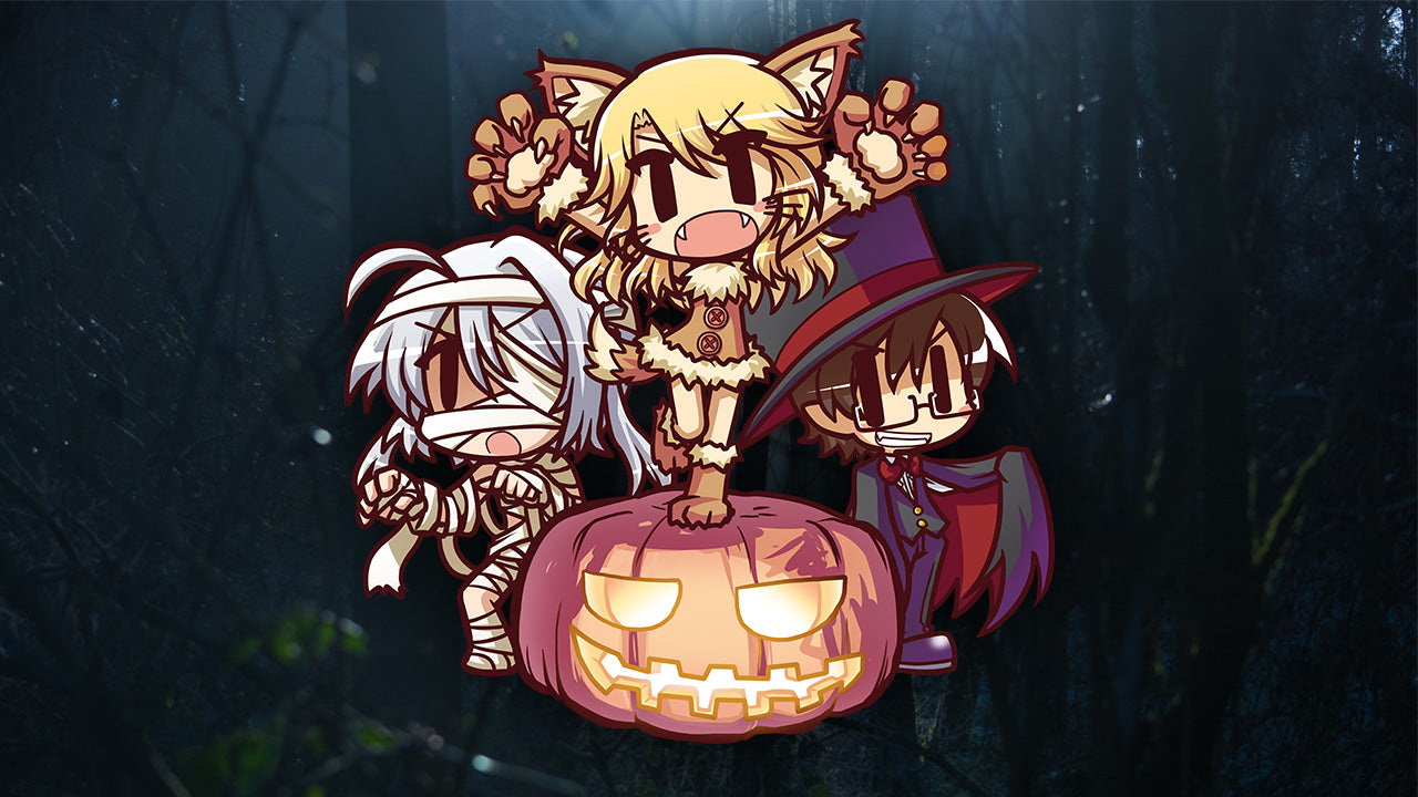 Smart doll characters, Chitose, Kizuna, and Eji, dressed up as a Mummy, Werewolf, and Dracula for Halloween