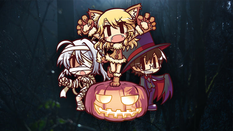 Smart doll characters, Chitose, Kizuna, and Eji, dressed up as a Mummy, Werewolf, and Dracula for Halloween